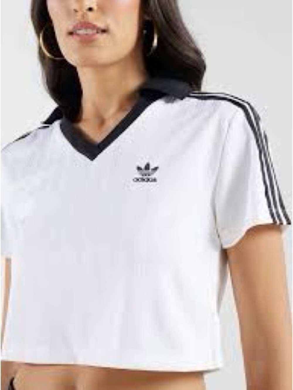 adidas White Cropped V-Neck Tee with Black Trim